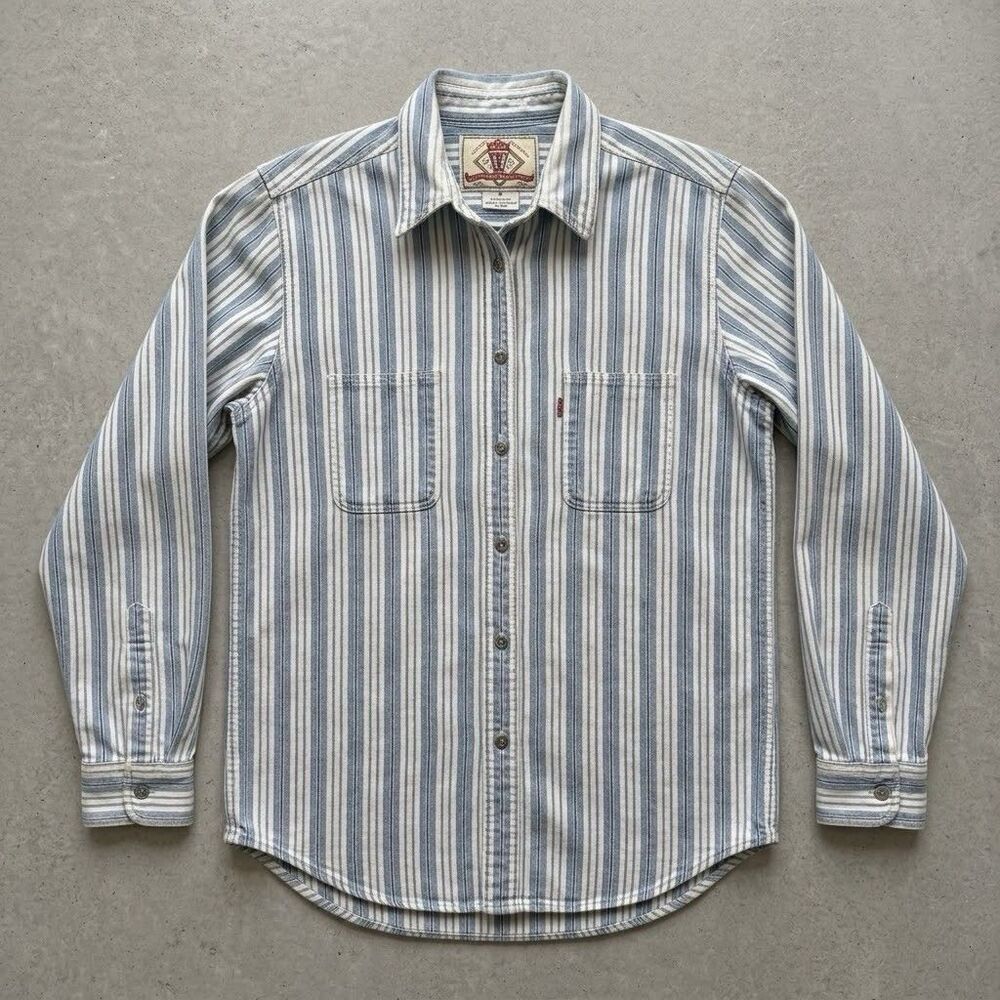 Vintage 90s Levis Jeans For Women Striped Denim Shirt Med Blue White Button Up